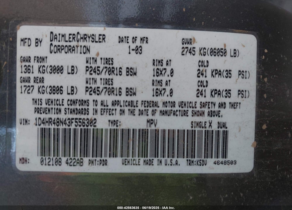 2003 DODGE DURANGO SLT VIN: 1D4HR48N43F556302