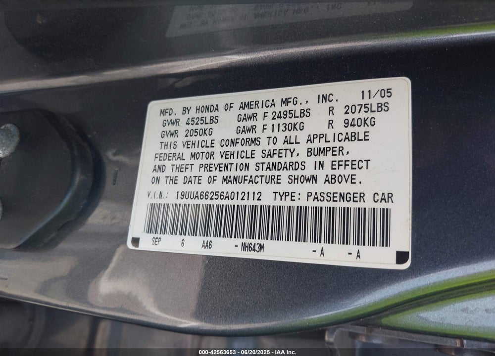 2006 ACURA TL VIN: 19UUA66256A012112