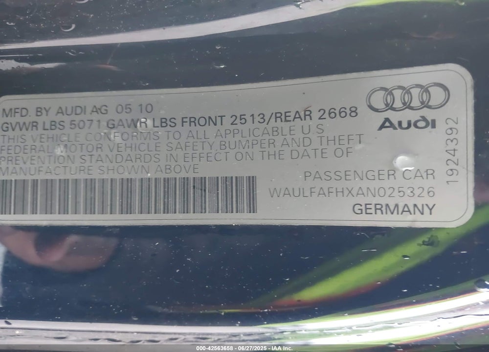 2010 AUDI A5 VIN: WAULFAFHXAN025326