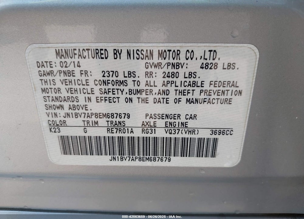 2014 INFINITI Q50 VIN: JN1BV7AP8EM687679