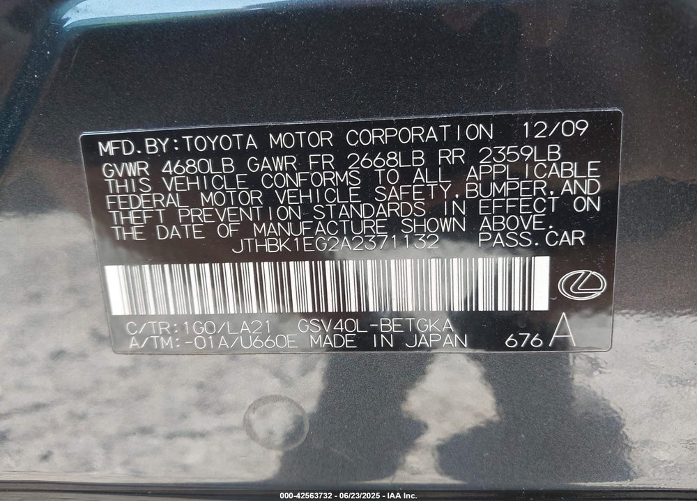 2010 LEXUS ES350 VIN: JTHBK1EG2A2371132