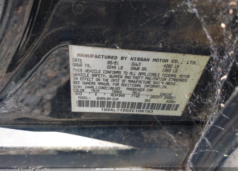 2002 NISSAN ALTIMA 2.5 S VIN: 1N4AL11D02C106183