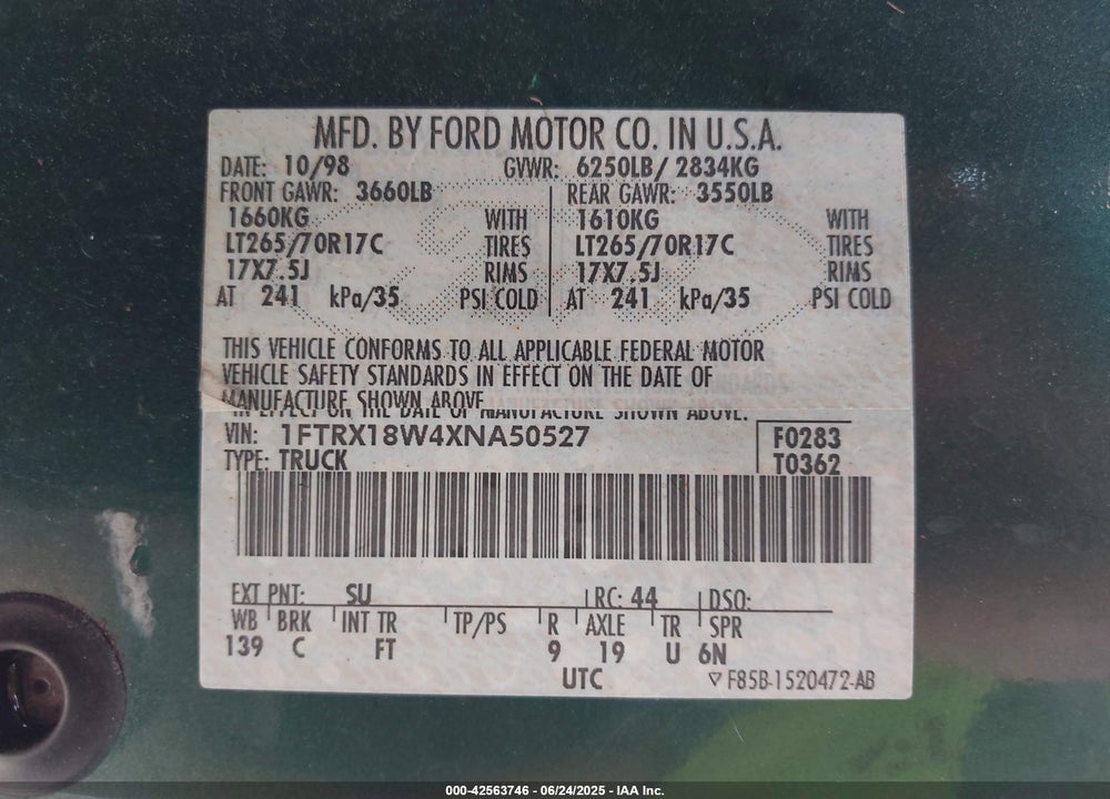 1999 FORD F-150 LARIAT/WORK SERIES/XL/XLT VIN: 1FTRX18W4XNA50527