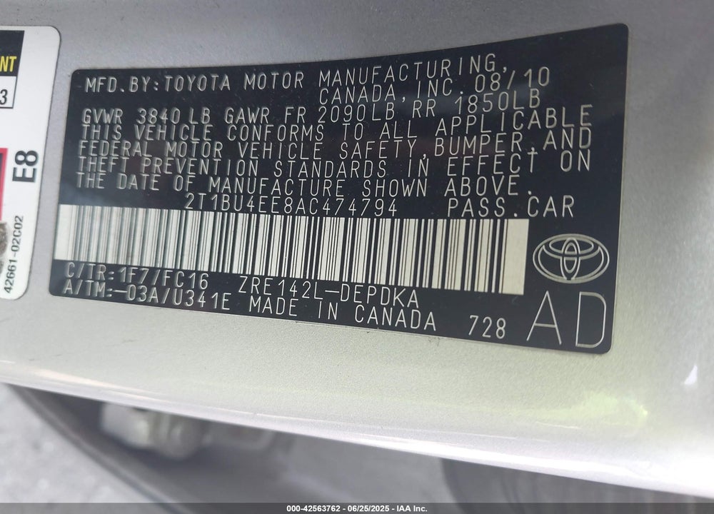 2010 TOYOTA COROLLA VIN: 2T1BU4EE8AC474794