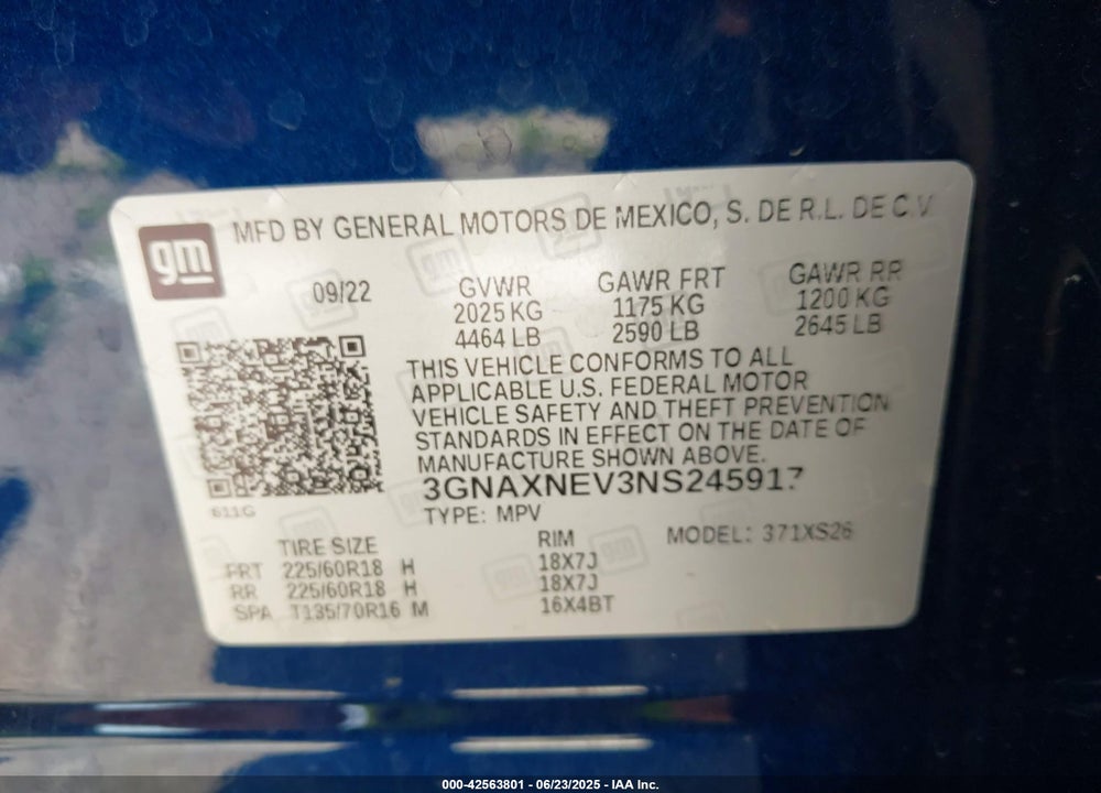 2022 CHEVROLET EQUINOX FWD PREMIER VIN: 3GNAXNEV3NS245917