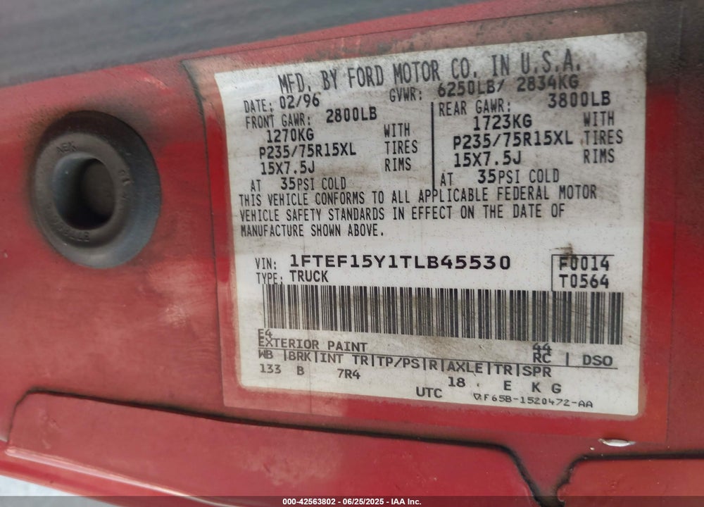 1996 FORD F150 VIN: 1FTEF15Y1TLB45530