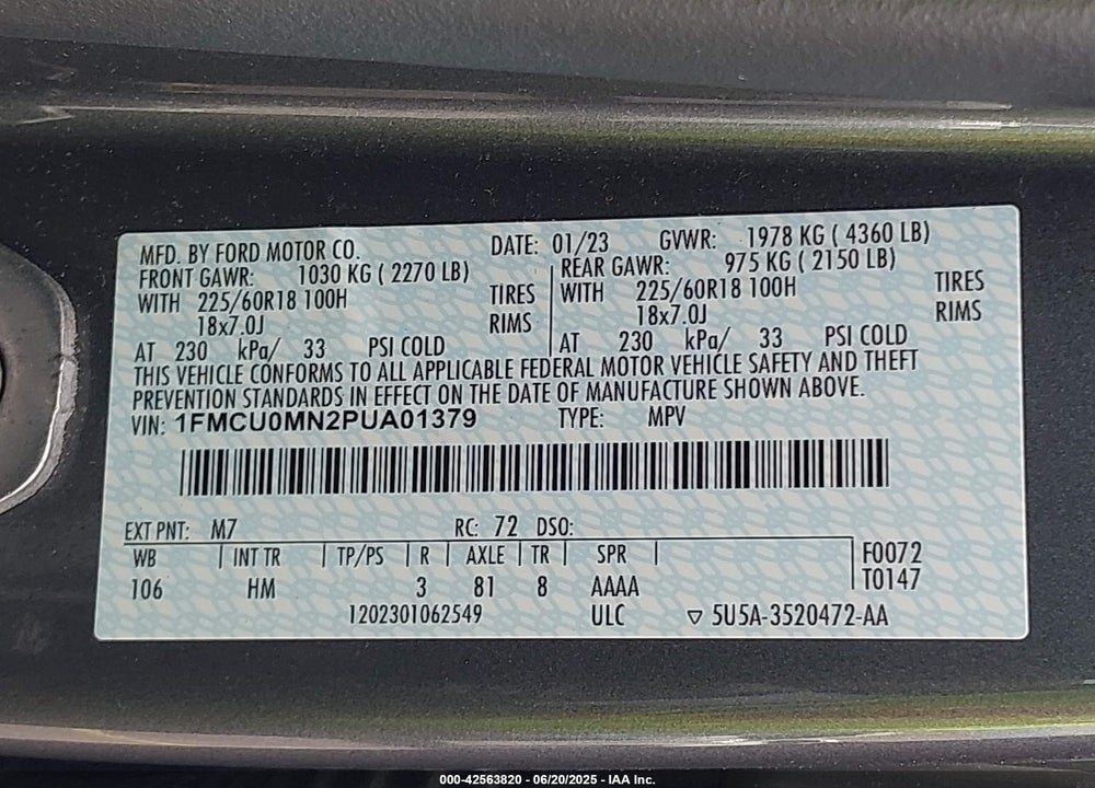 2023 FORD ESCAPE ST LINE VIN: 1FMCU0MN2PUA01379