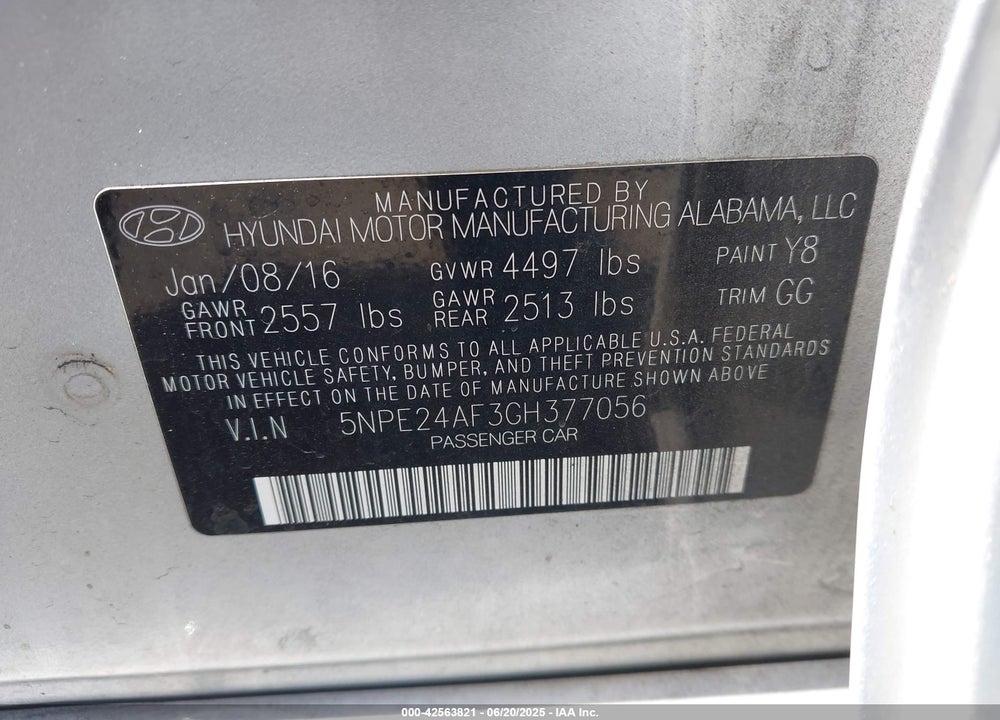 2016 HYUNDAI SONATA SE VIN: 5NPE24AF3GH377056