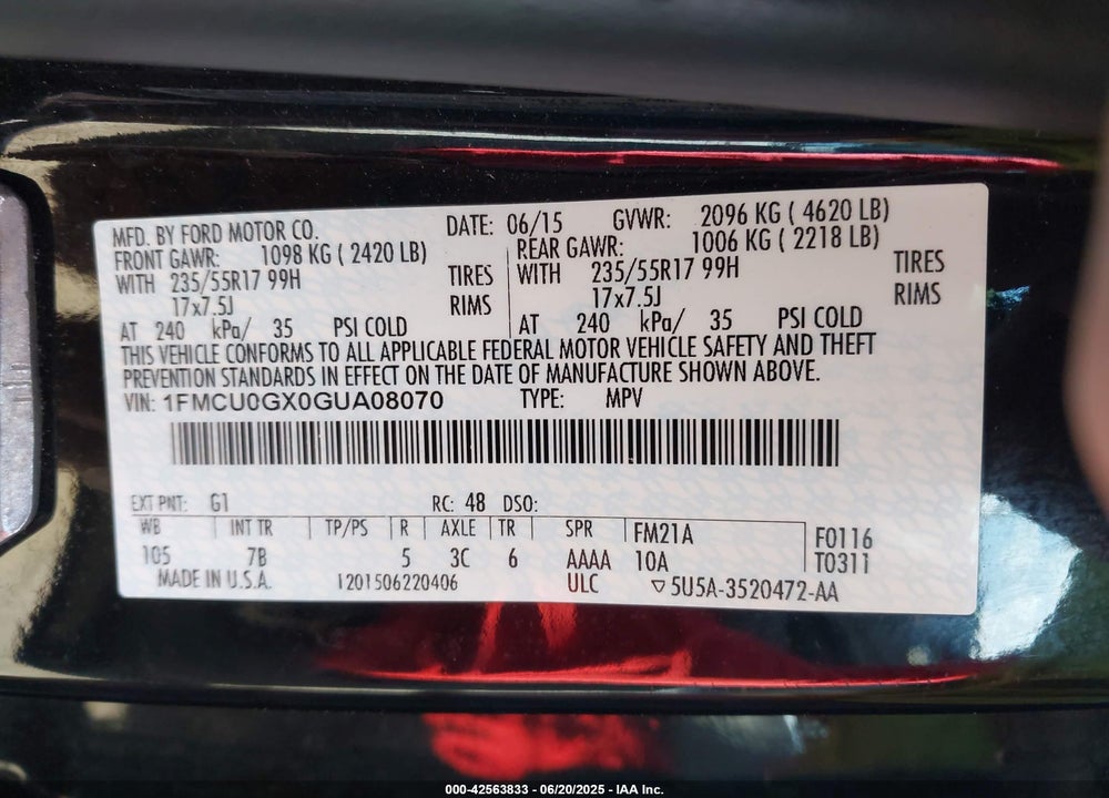 2016 FORD ESCAPE SE VIN: 1FMCU0GX0GUA08070