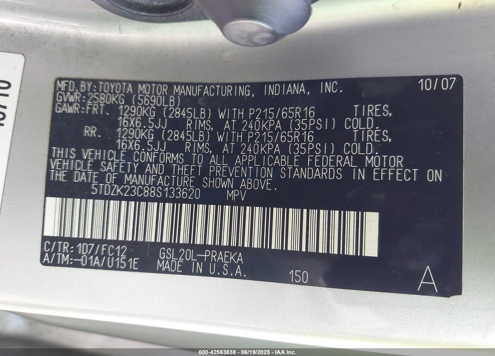 2008 TOYOTA SIENNA LE VIN: 5TDZK23C88S133620