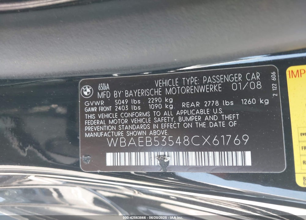 2008 BMW 650I VIN: WBAEB53548CX61769