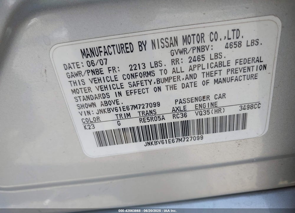 2007 INFINITI G35 JOURNEY VIN: JNKBV61E67M727099