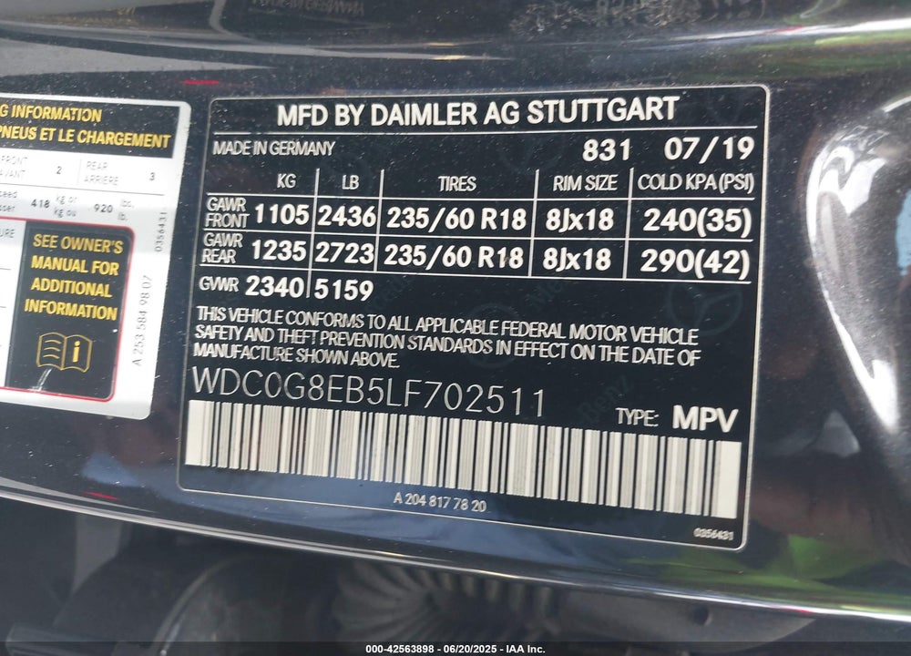 2020 MERCEDES-BENZ GLC 300 4MATIC VIN: WDC0G8EB5LF702511