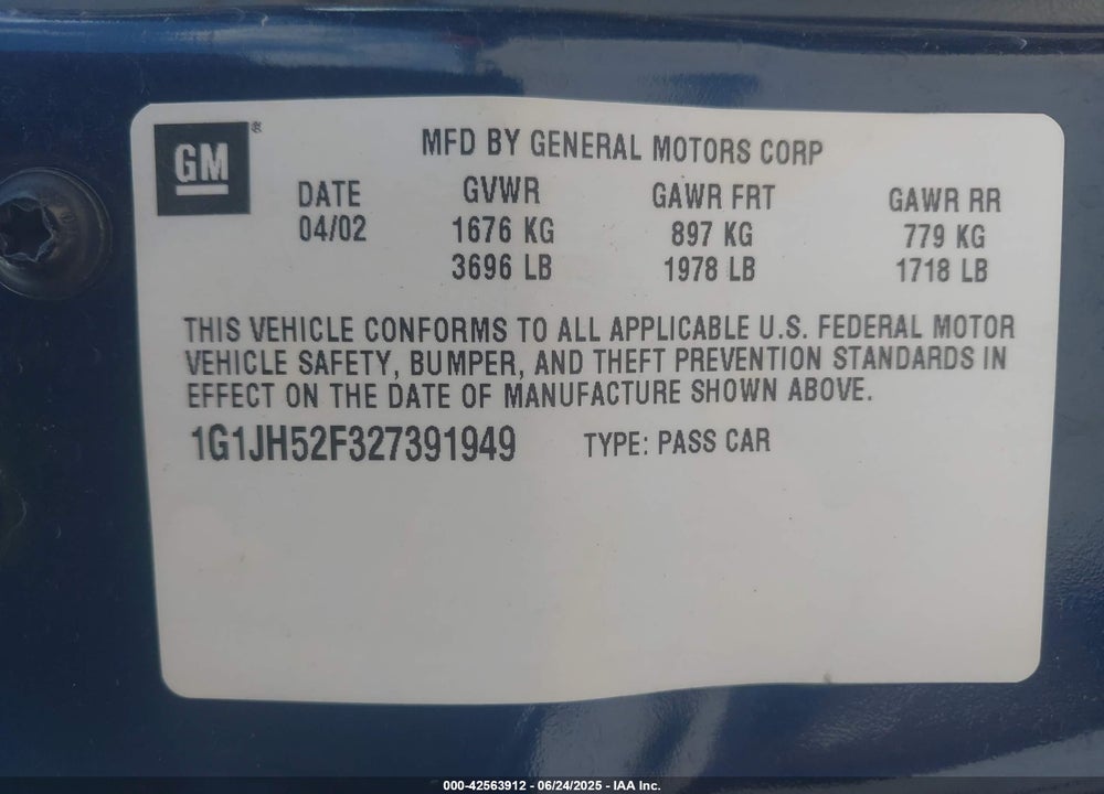 2002 CHEVROLET CAVALIER Z24 VIN: 1G1JH52F327391949