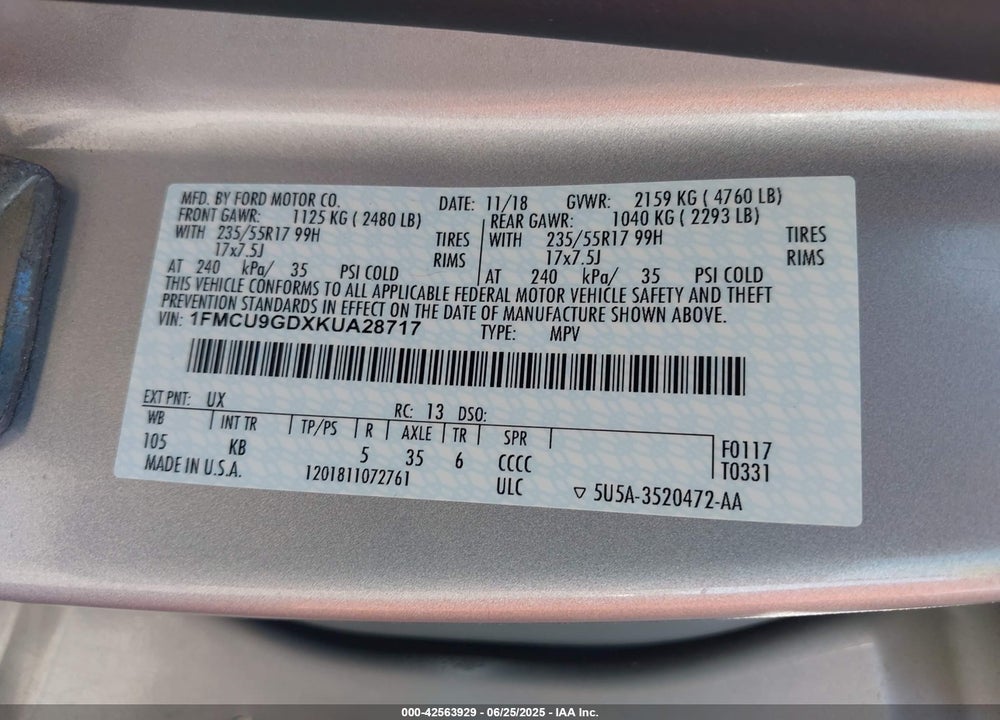 2019 FORD ESCAPE VIN: 1FMCU9GDXKUA28717