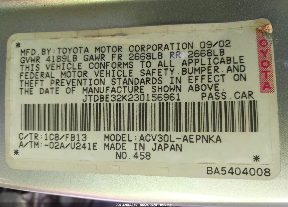 2003 TOYOTA CAMRY VIN: JTDBE32K230156961
