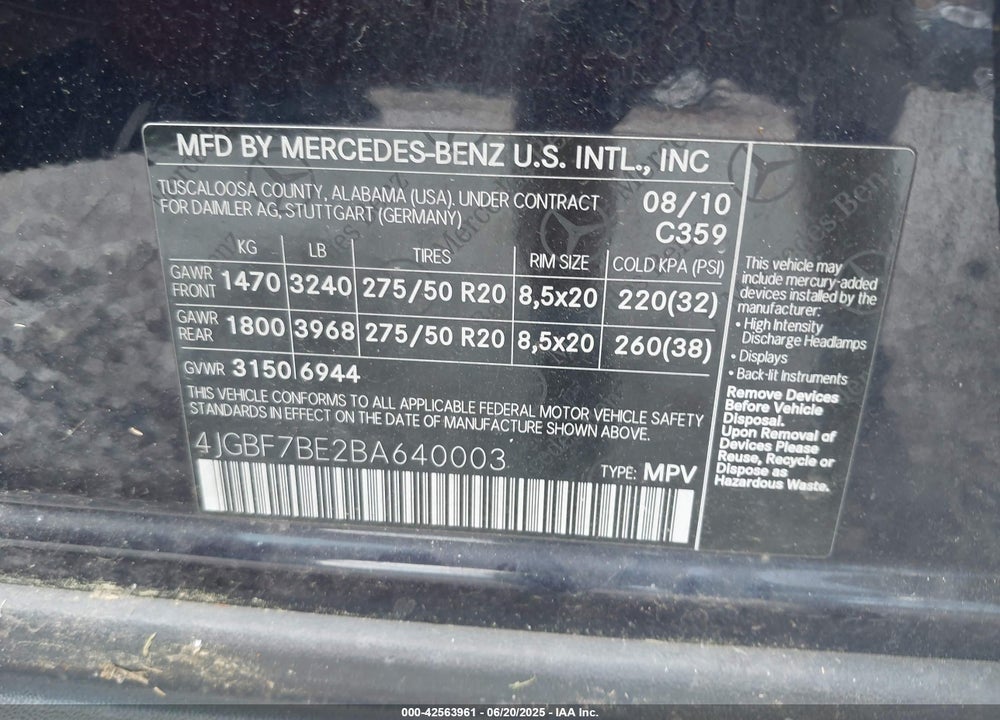 2011 MERCEDES-BENZ GL-CLASS VIN: 4JGBF7BE2BA640003