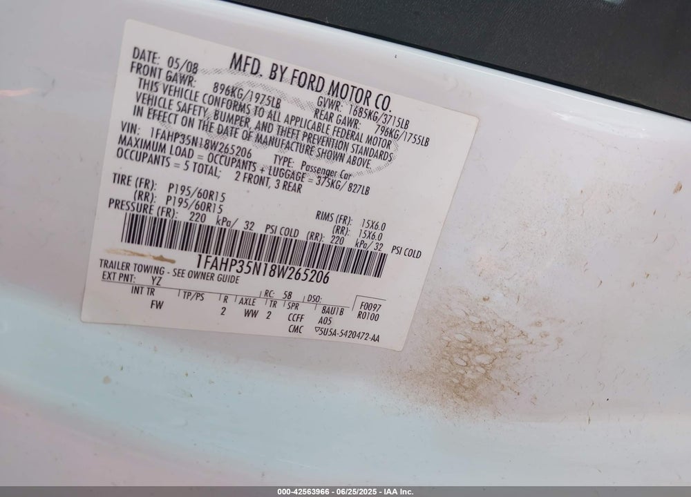 2008 FORD FOCUS SE/SES VIN: 1FAHP35N18W265206