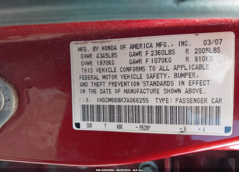 2007 HONDA ACCORD VIN: 1HGCM668X7A066255