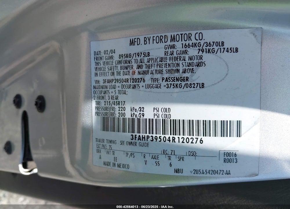 2004 FORD FOCUS ZX3 VIN: 3FAHP39504R120276