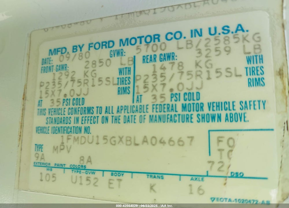 1981 FORD BRONCO U100 VIN: 1FMDU15GXBLA04667