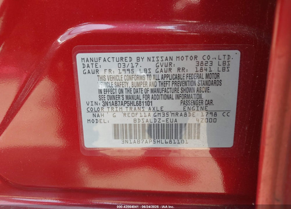 2017 NISSAN SENTRA VIN: 3N1AB7AP5HL681101