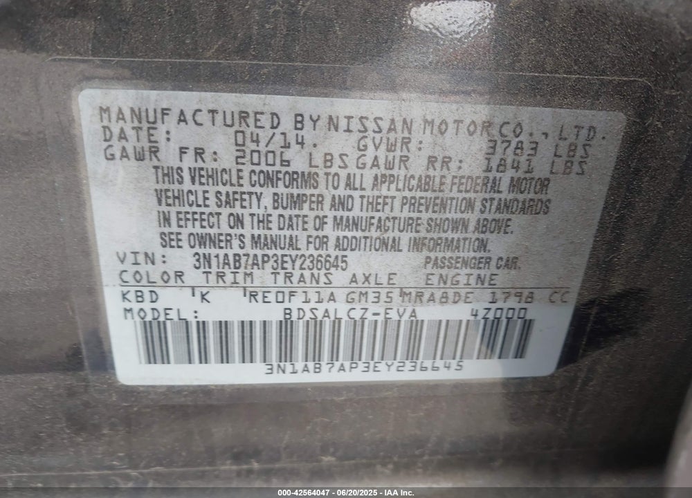 2014 NISSAN SENTRA VIN: 3N1AB7AP3EY236645