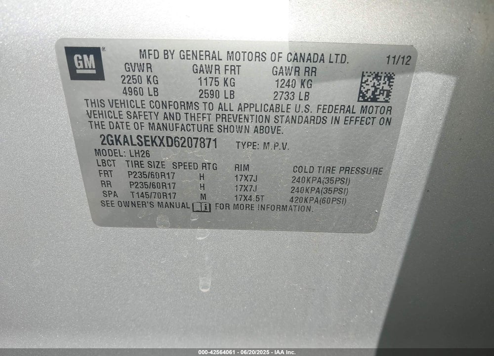 2013 GMC TERRAIN VIN: 2GKALSEKXD6207871