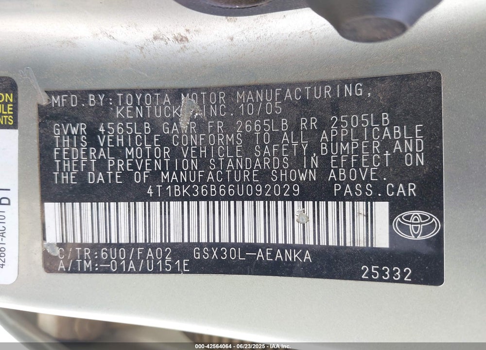 2006 TOYOTA AVALON XL VIN: 4T1BK36B66U092029
