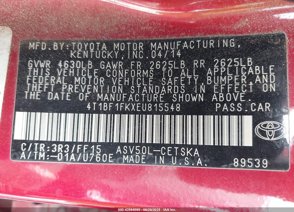 2014 TOYOTA CAMRY VIN: 4T1BF1FKXEU815548