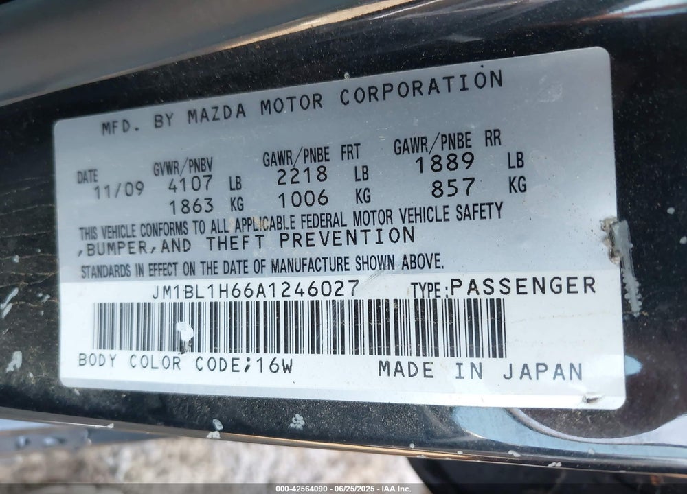 2010 MAZDA 3 VIN: JM1BL1H66A1246027
