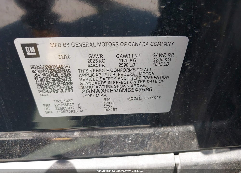2021 CHEVROLET EQUINOX VIN: 2GNAXKEV6M6143586
