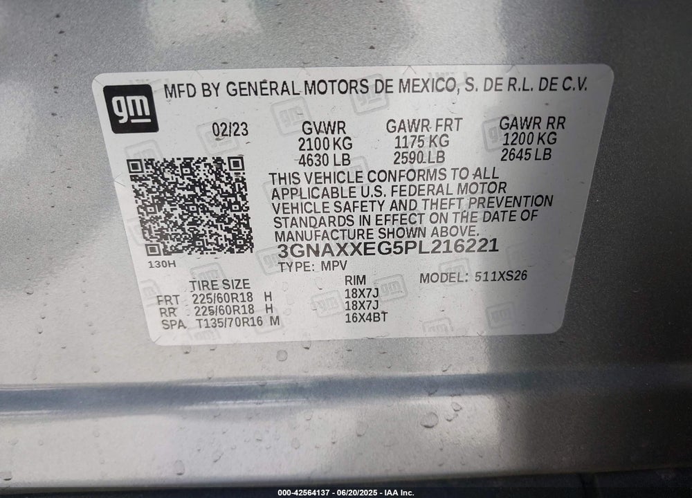 2023 CHEVROLET EQUINOX VIN: 3GNAXXEG5PL216221