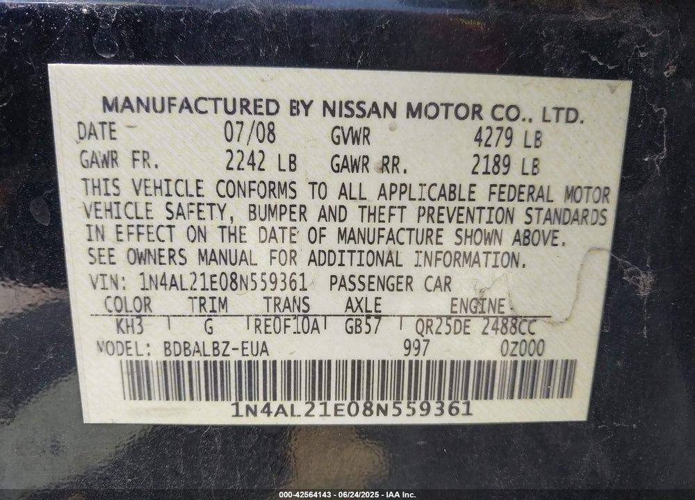 2008 NISSAN ALTIMA 2.5 S VIN: 1N4AL21E08N559361