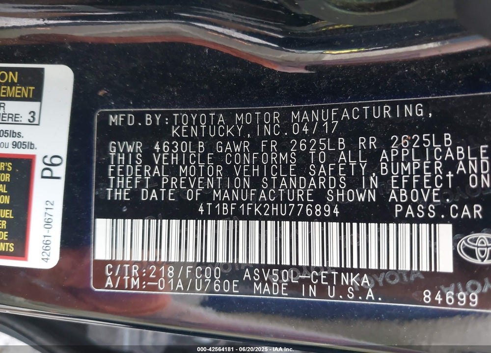 2017 TOYOTA CAMRY VIN: 4T1BF1FK2HU776894