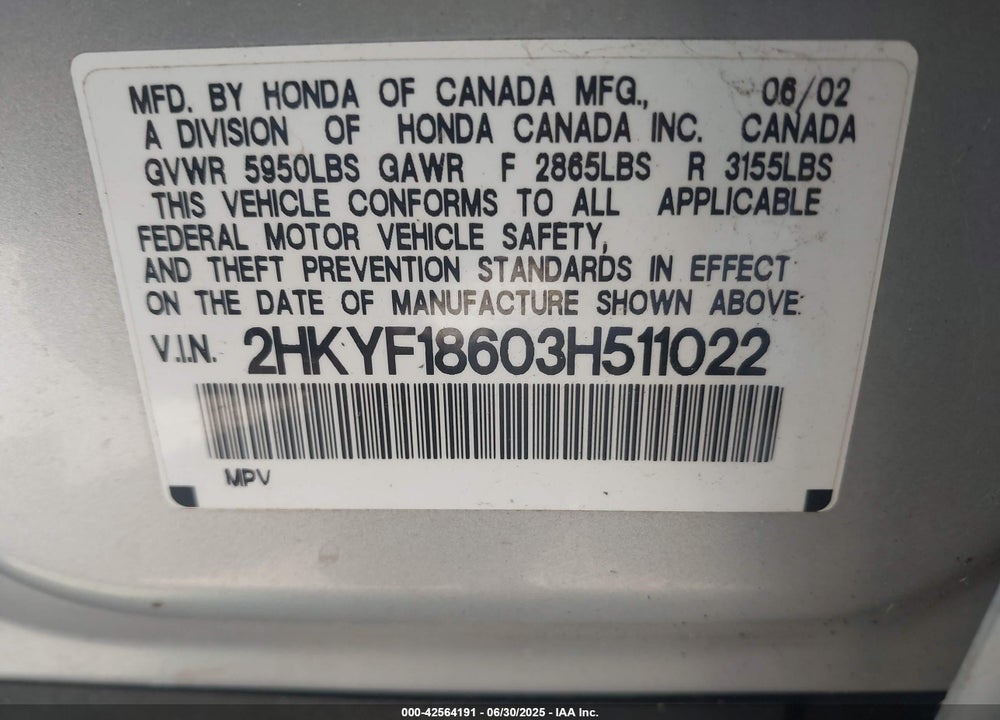 2003 HONDA PILOT EX-L VIN: 2HKYF18603H511022