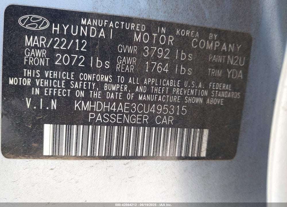 2012 HYUNDAI ELANTRA LIMITED (ULSAN PLANT) VIN: KMHDH4AE3CU495315