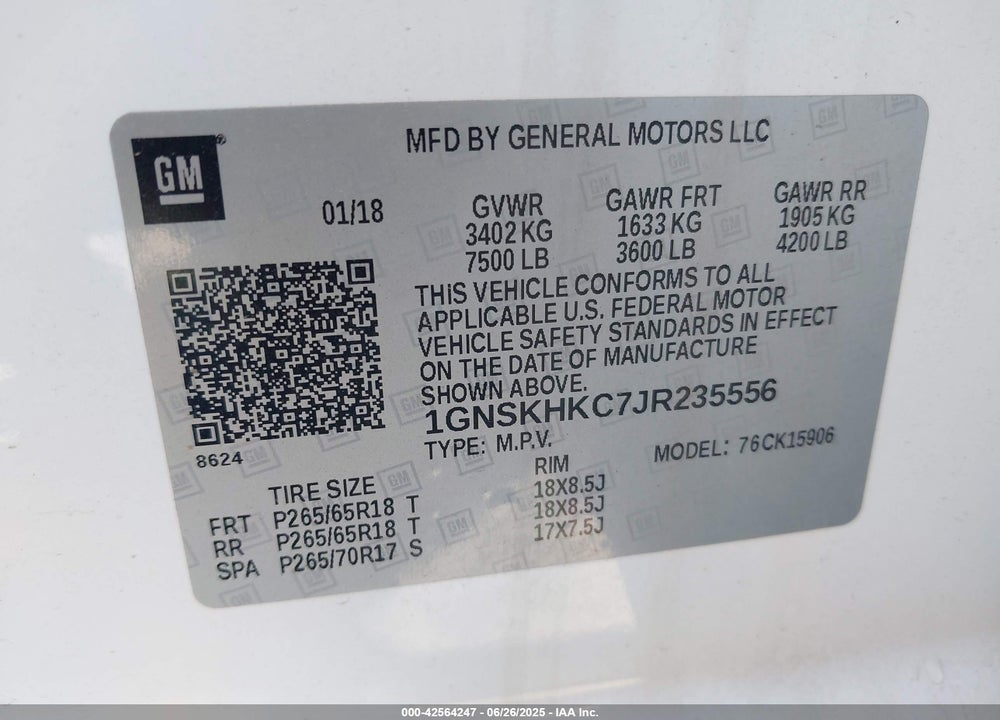 2018 CHEVROLET SUBURBAN VIN: 1GNSKHKC7JR235556