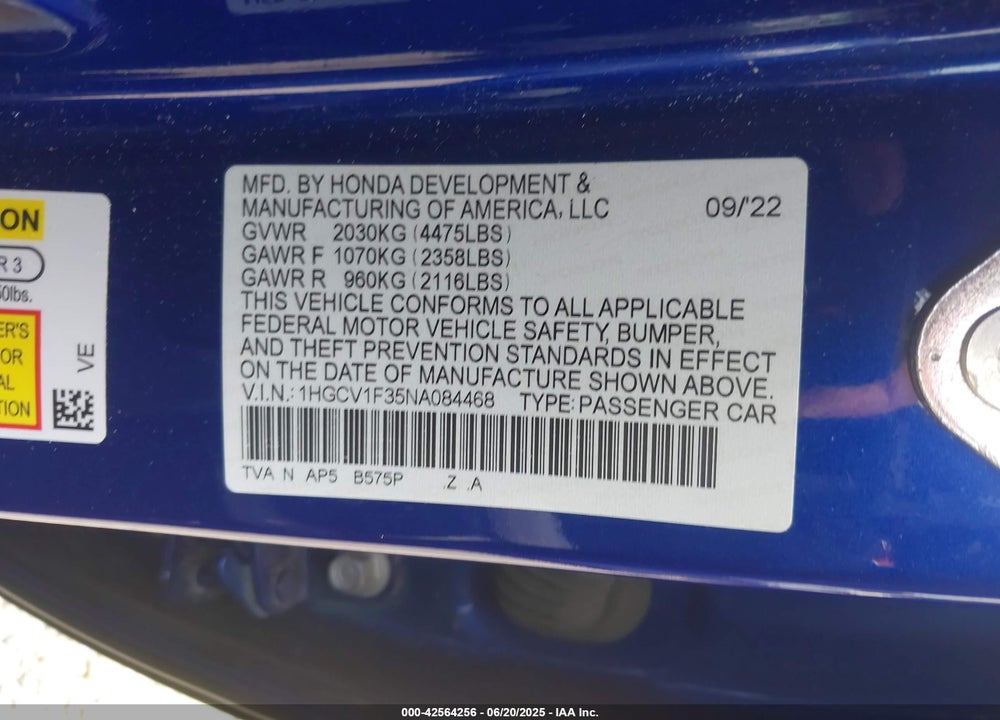 2022 HONDA ACCORD VIN: 1HGCV1F35NA084468