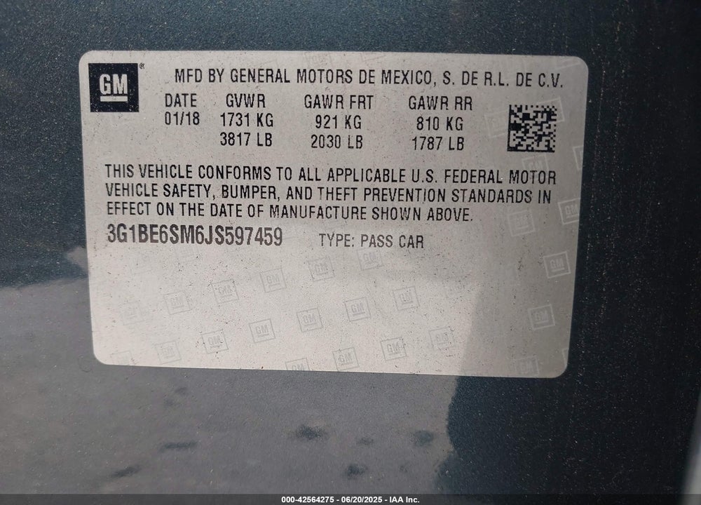 2018 CHEVROLET CRUZE LT AUTO VIN: 3G1BE6SM6JS597459