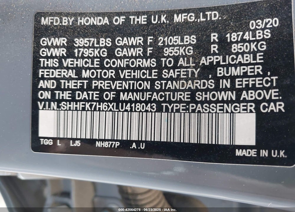 2020 HONDA CIVIC EX VIN: SHHFK7H6XLU418043