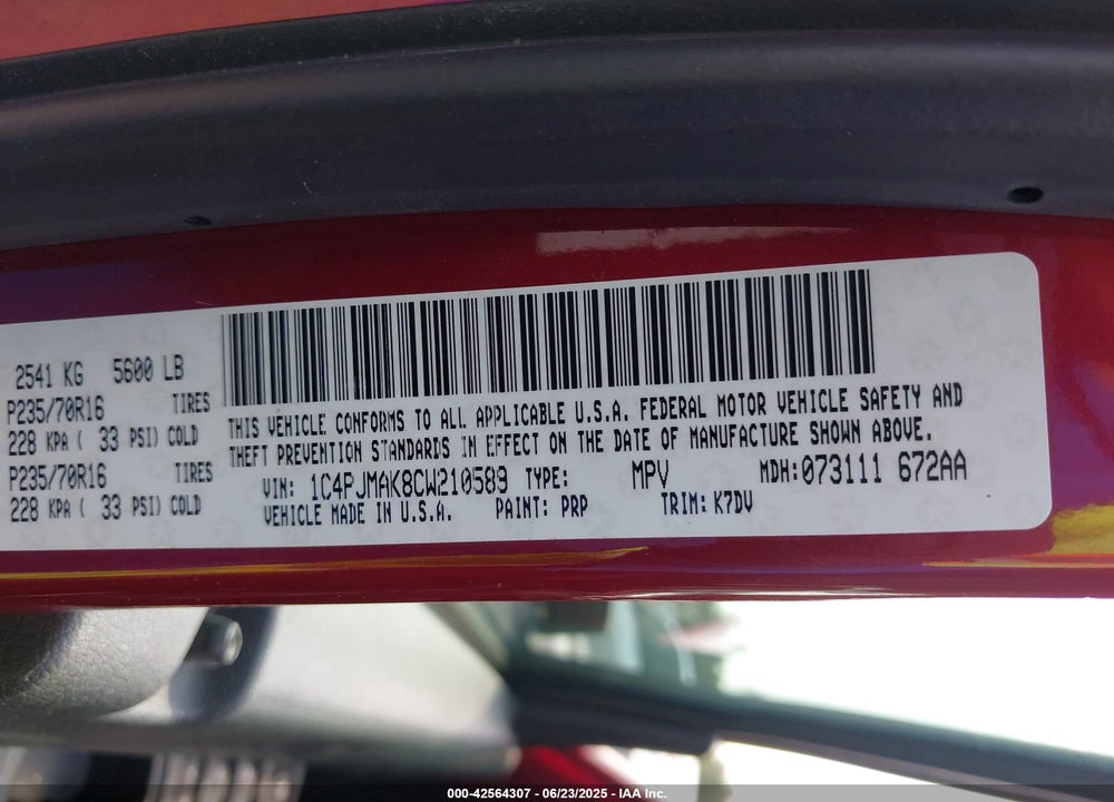 2012 JEEP LIBERTY VIN: 1C4PJMAK8CW210589