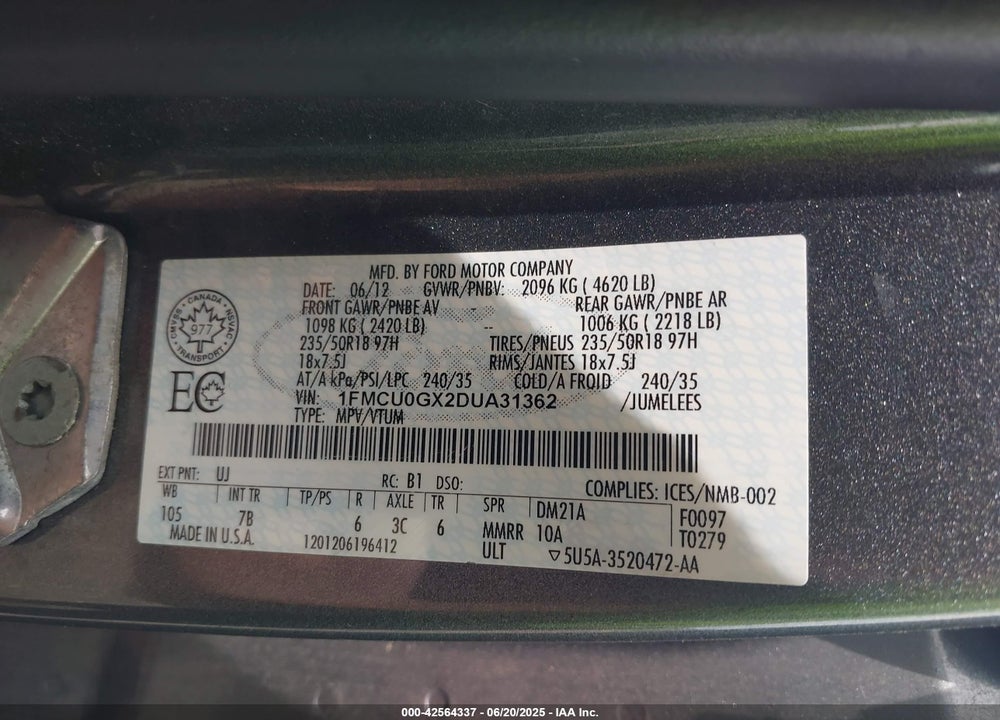 2013 FORD ESCAPE VIN: 1FMCU0GX2DUA31362