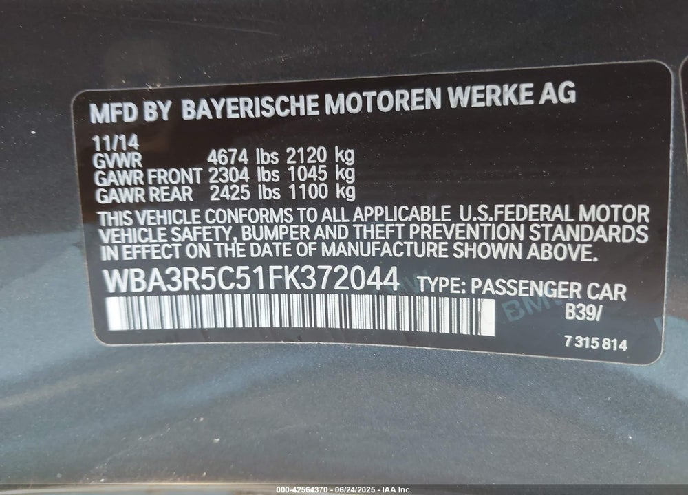 2015 BMW 435I XDRIVE VIN: WBA3R5C51FK372044
