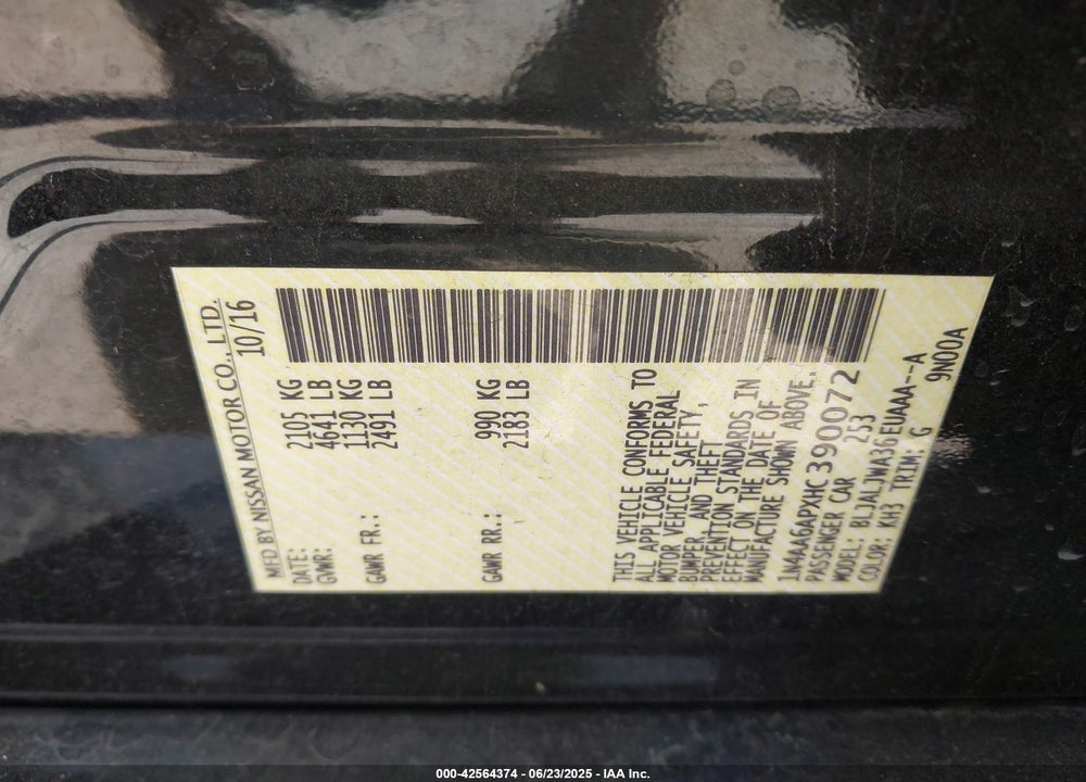 2017 NISSAN MAXIMA VIN: 1N4AA6APXHC390072