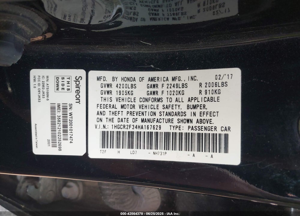 2017 HONDA ACCORD VIN: 1HGCR2F34HA167629