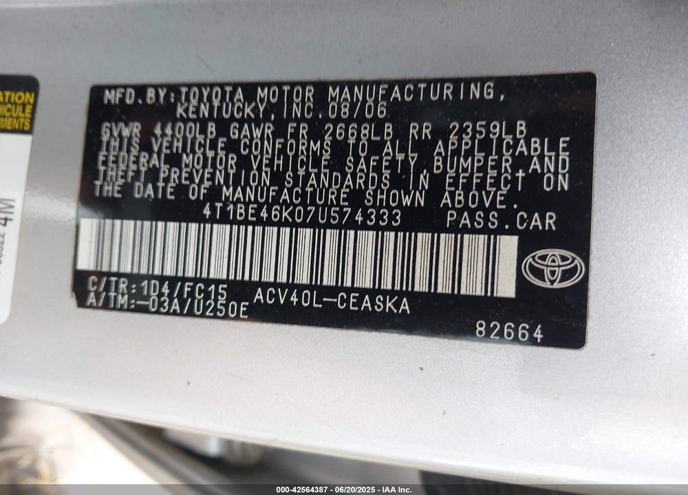 2007 TOYOTA CAMRY SE VIN: 4T1BE46K07U574333