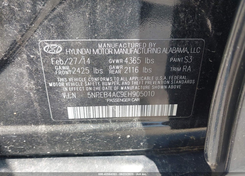 2014 HYUNDAI SONATA VIN: 5NPEB4AC9EH905010