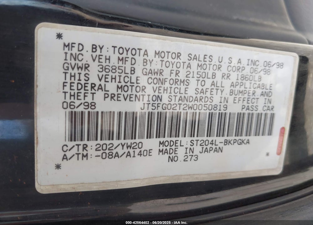 1998 TOYOTA CELICA GT VIN: JT5FG02T2W0050819