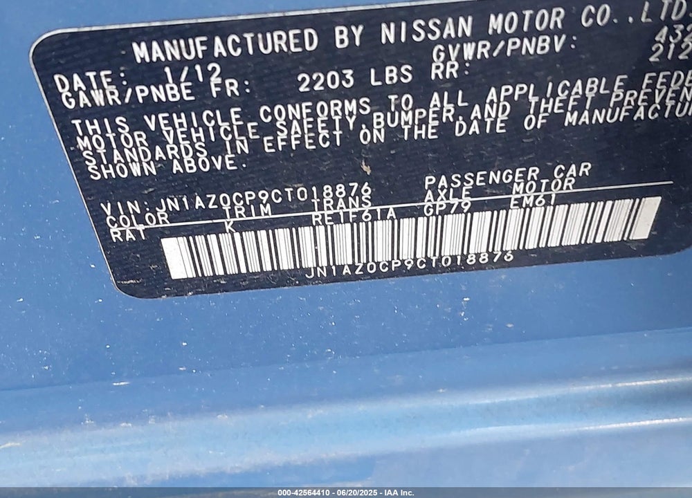 2012 NISSAN LEAF VIN: JN1AZ0CP9CT018876